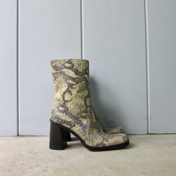Snakeskin Leather Boots Midcalf Neutral Tan - Picture 2 of 10